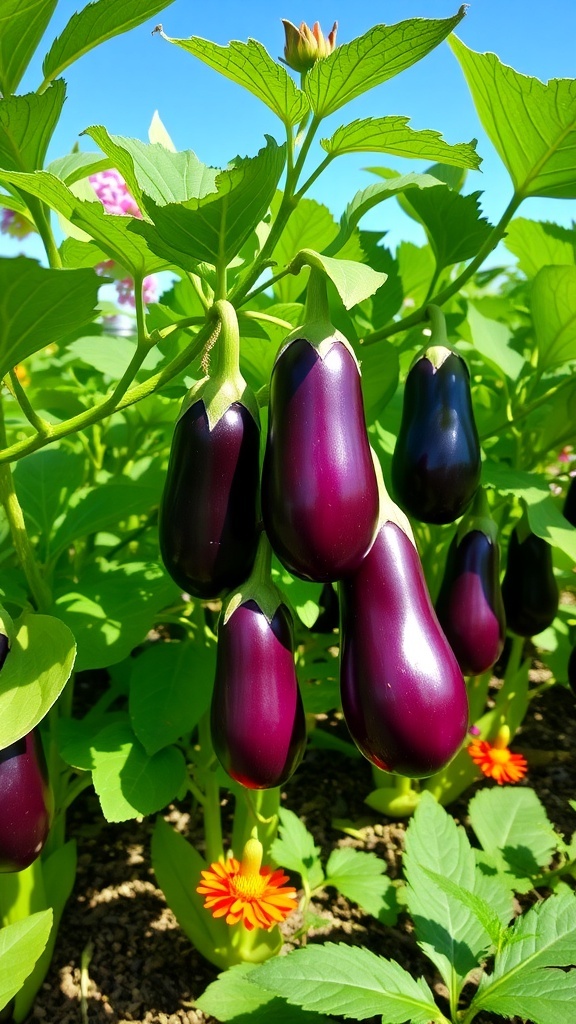 Eggplant Gardening Guide A garden bed with healthy eggplant plants bearing purple fruits under a sunny sky.